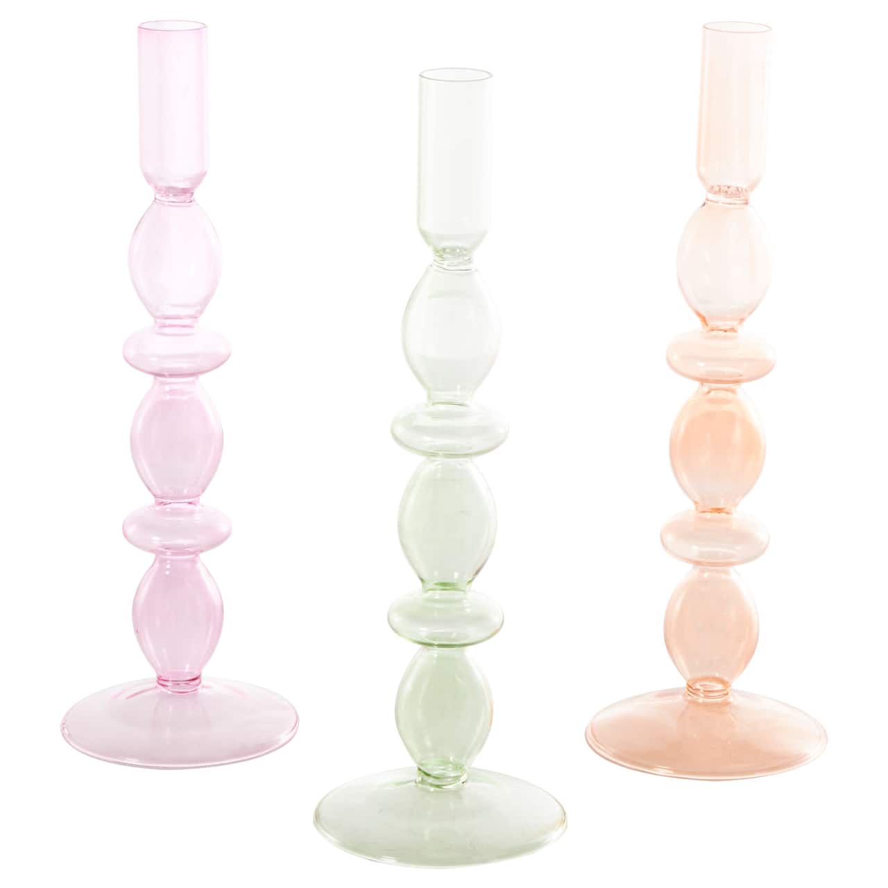 11&#x22; Pastel Glass Slim Bubble Inspired Taper Candle Holder Set